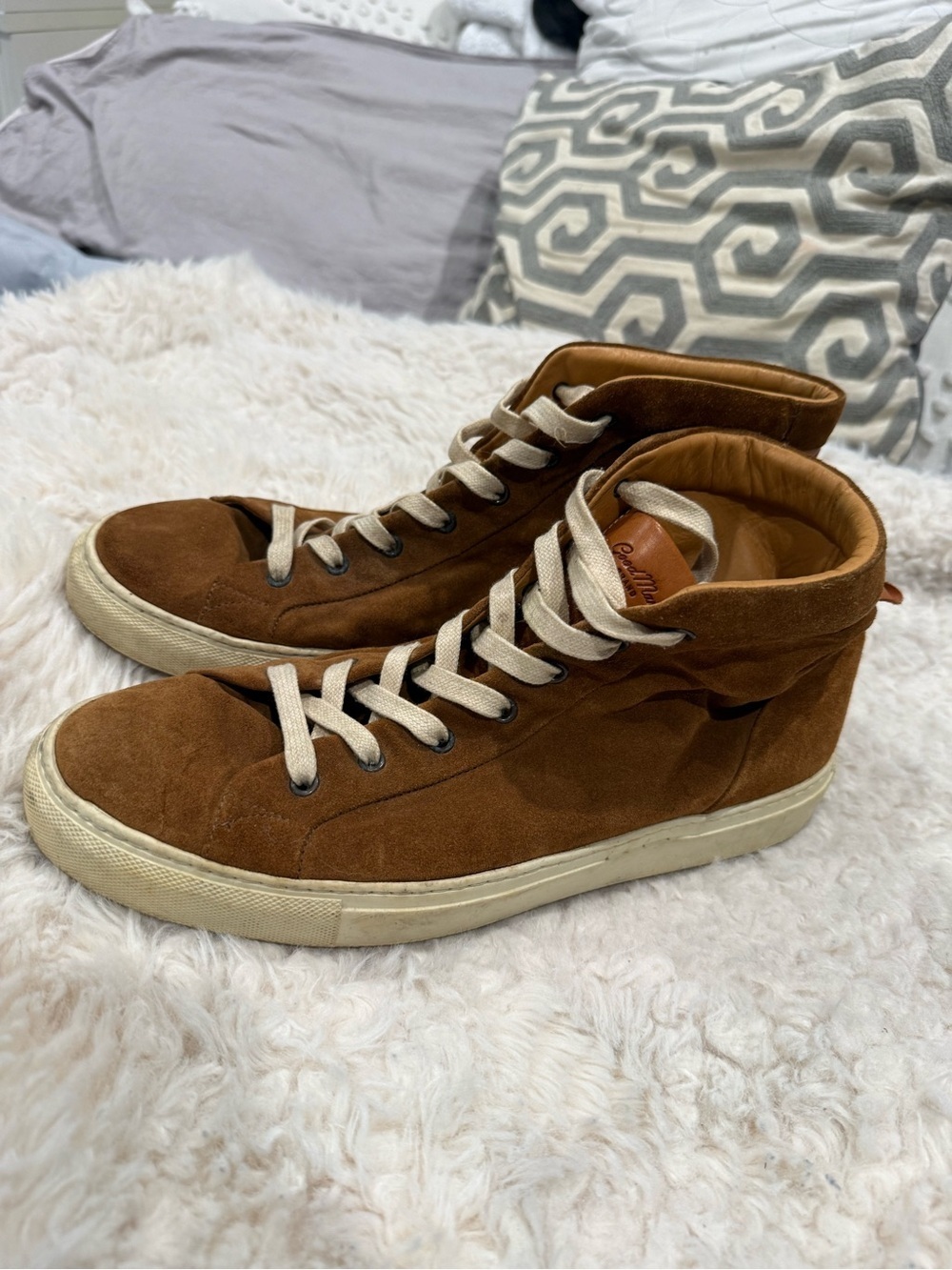 Good Man Brand Suede High-Top Sneakers in Brown with Cream Laces